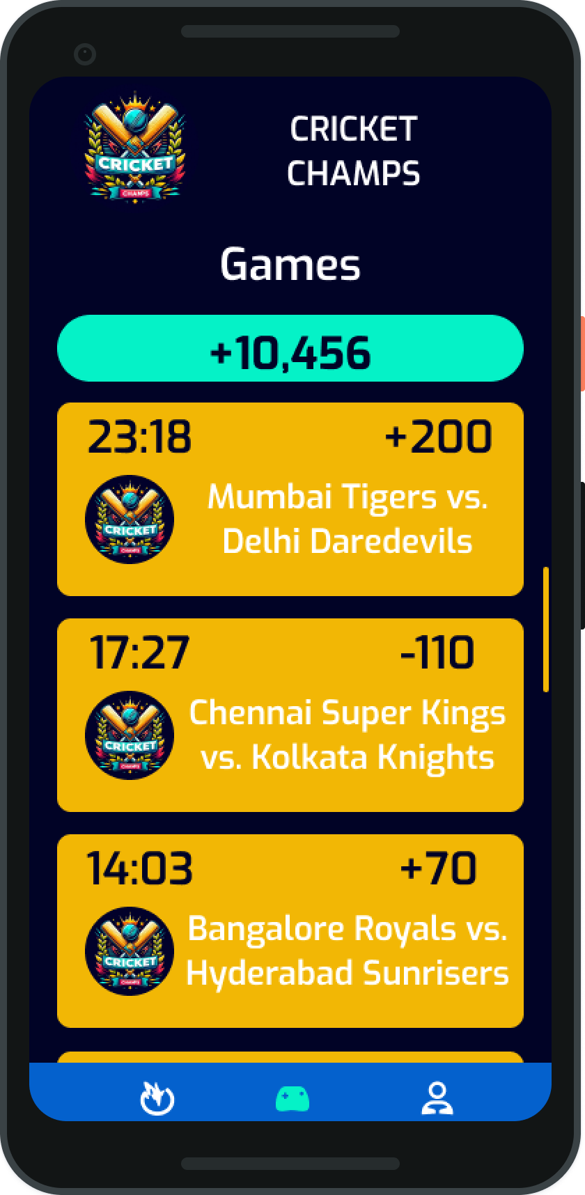 Cricket Champs Games Screen